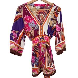 ECI Silk Floral Babydoll Tunic Top Sz 14 Tie Waist 3/4 Sleeves Y2K